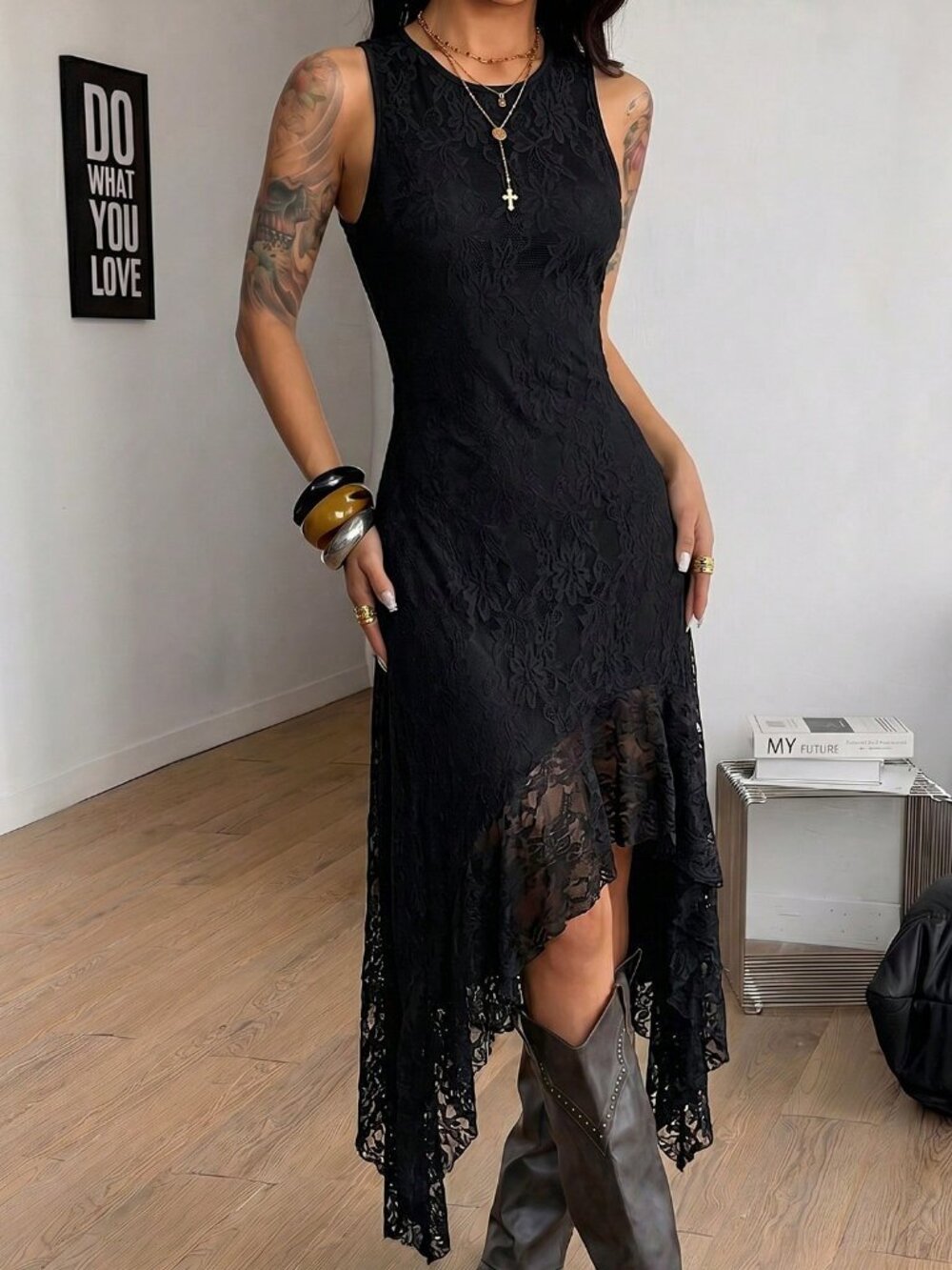Black Boho Women's Lace Asymmetrical Ruffle Hem Dress - Picture 3 of 4